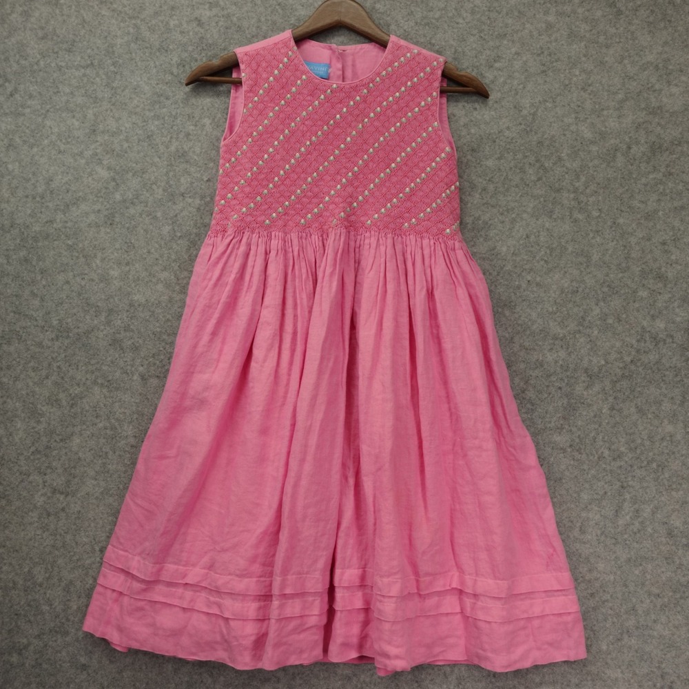Anavini Girls Dress 8 Pink European Linen Princess Wedding Floral Hand Smocked